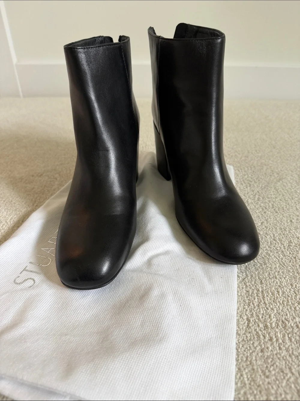 Stuart Weitzman Bacari Zip Black Leather Mid-Heel Ankle Booties